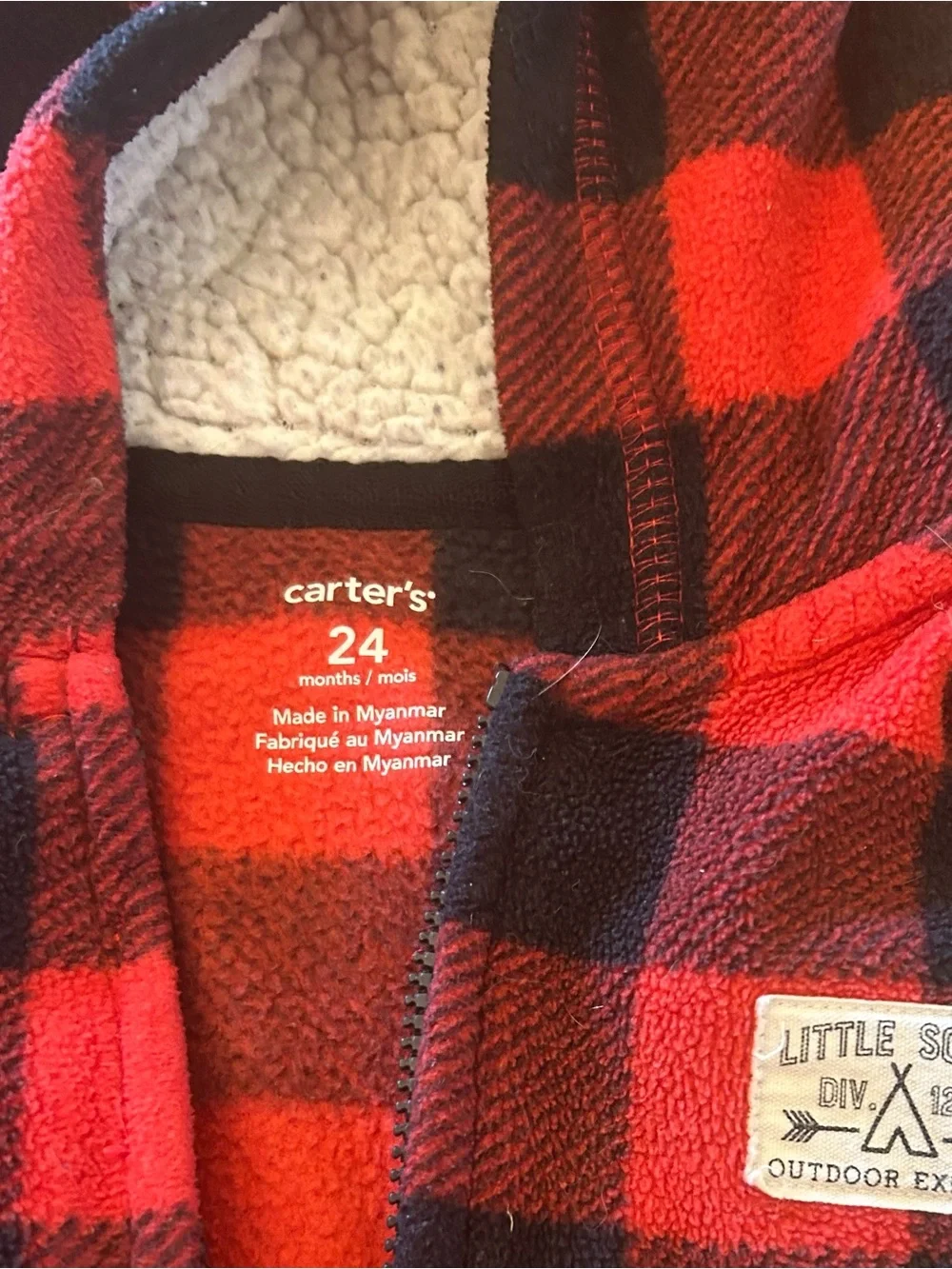 Carter's Red and Black Buffalo Plaid Hooded Fleece Zip Jumpsuit